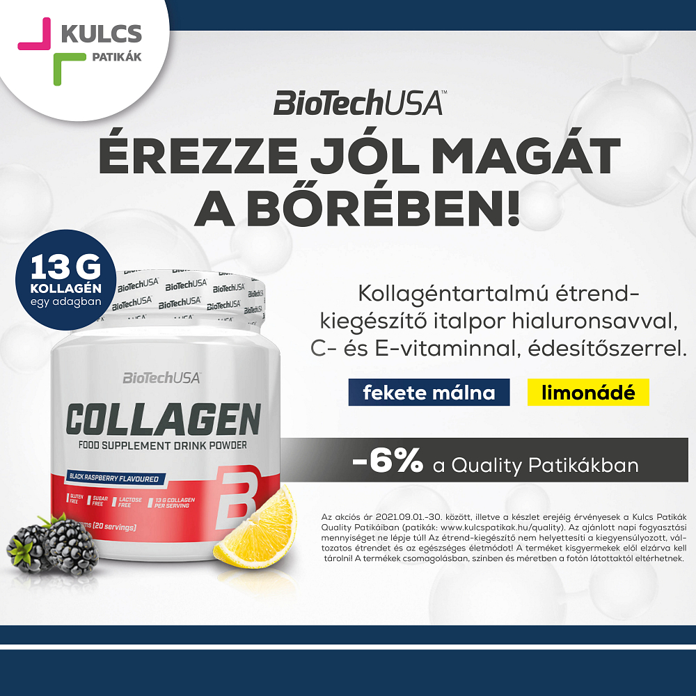 A BioTechUSA magas kollagéntartalmú étrendkiegészítője most 6%-os kedvezménnyel kapható a Quality Patikákban